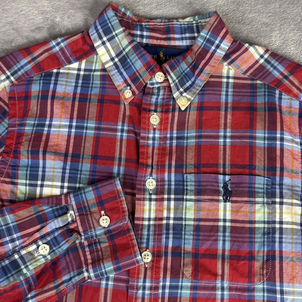 Ralph Lauren Shirt Boys M Red Plaid Button‎ Up Long Sleeve Collared 100% Cotton
